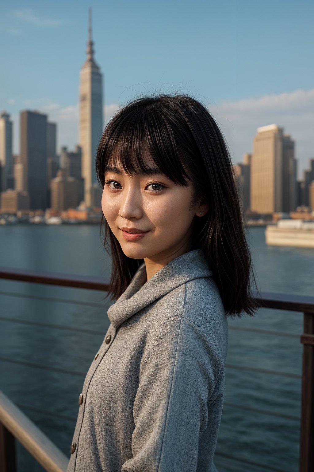 smiling woman as digital nomad in New York City with Manhattan in background