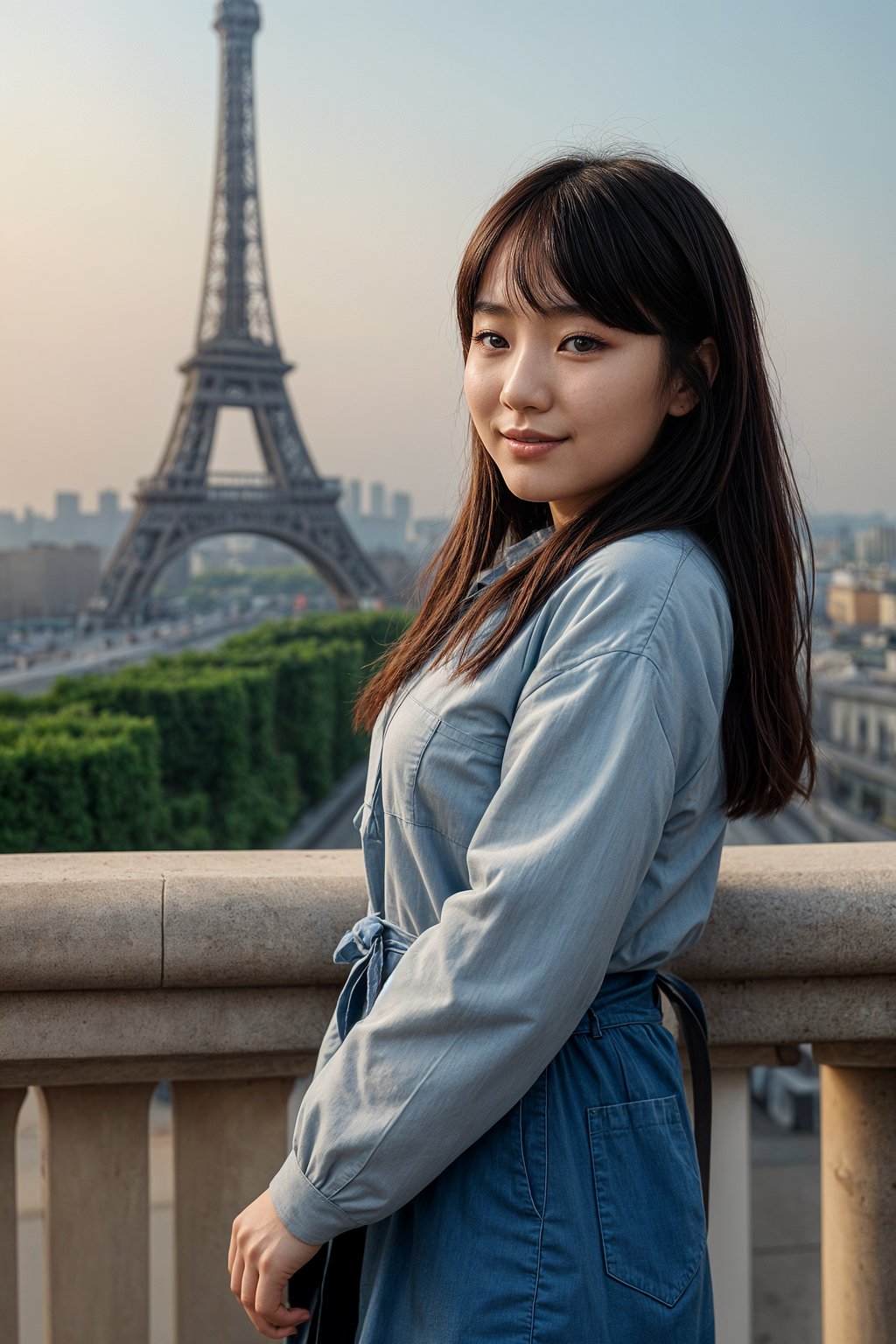 smiling woman as digital nomad in Paris with the Eiffel Tower in background