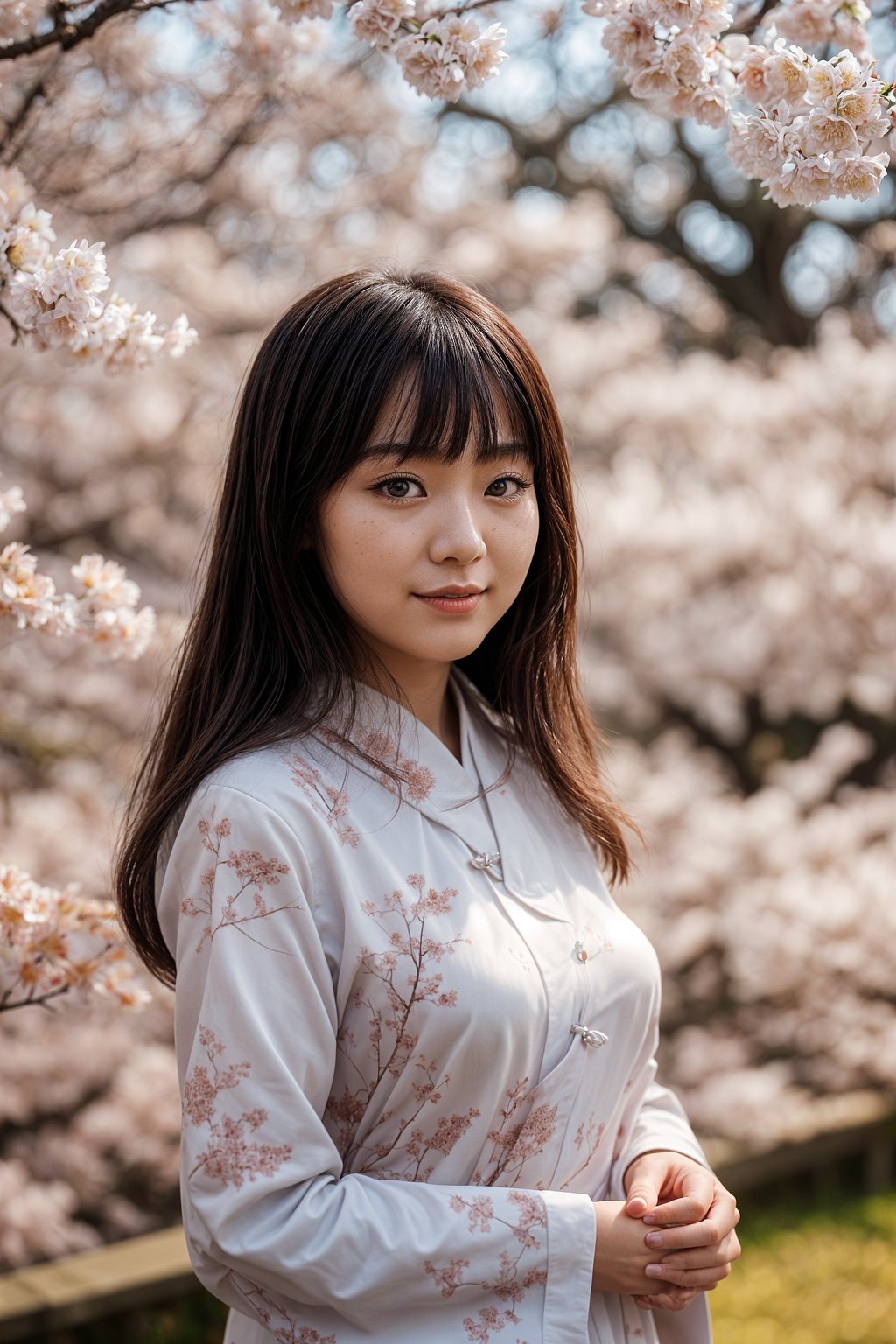 smiling woman as digital nomad in Japan with Japanese Cherry Blossom Trees and Japanese temples in background