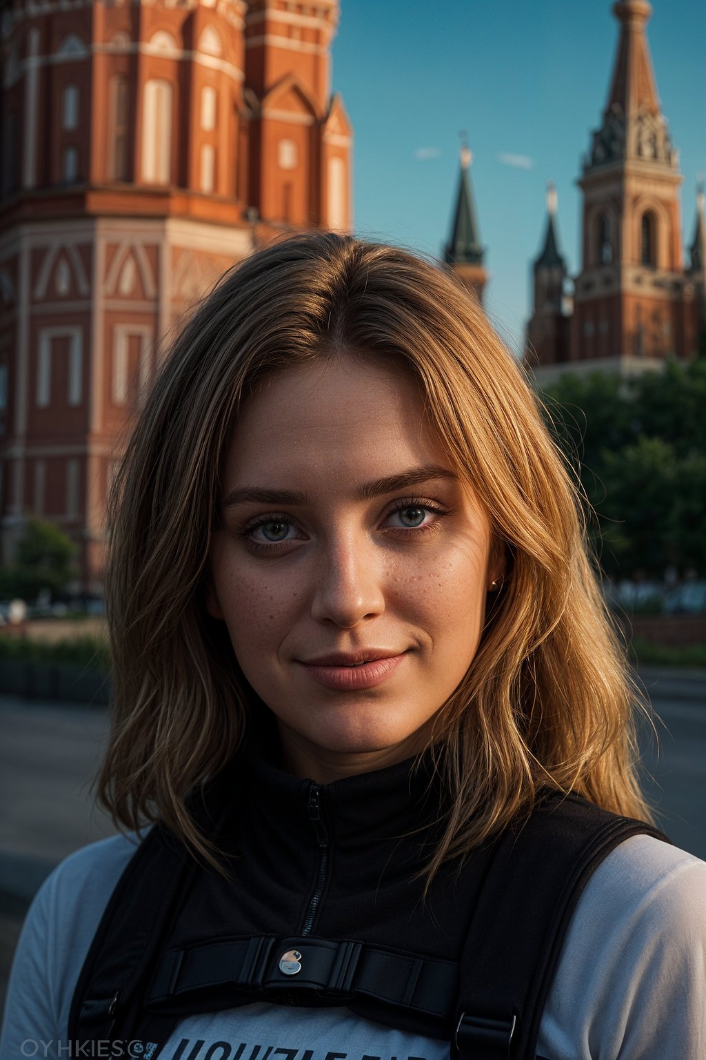 smiling woman as digital nomad in Moscow with the Kremlin in the background