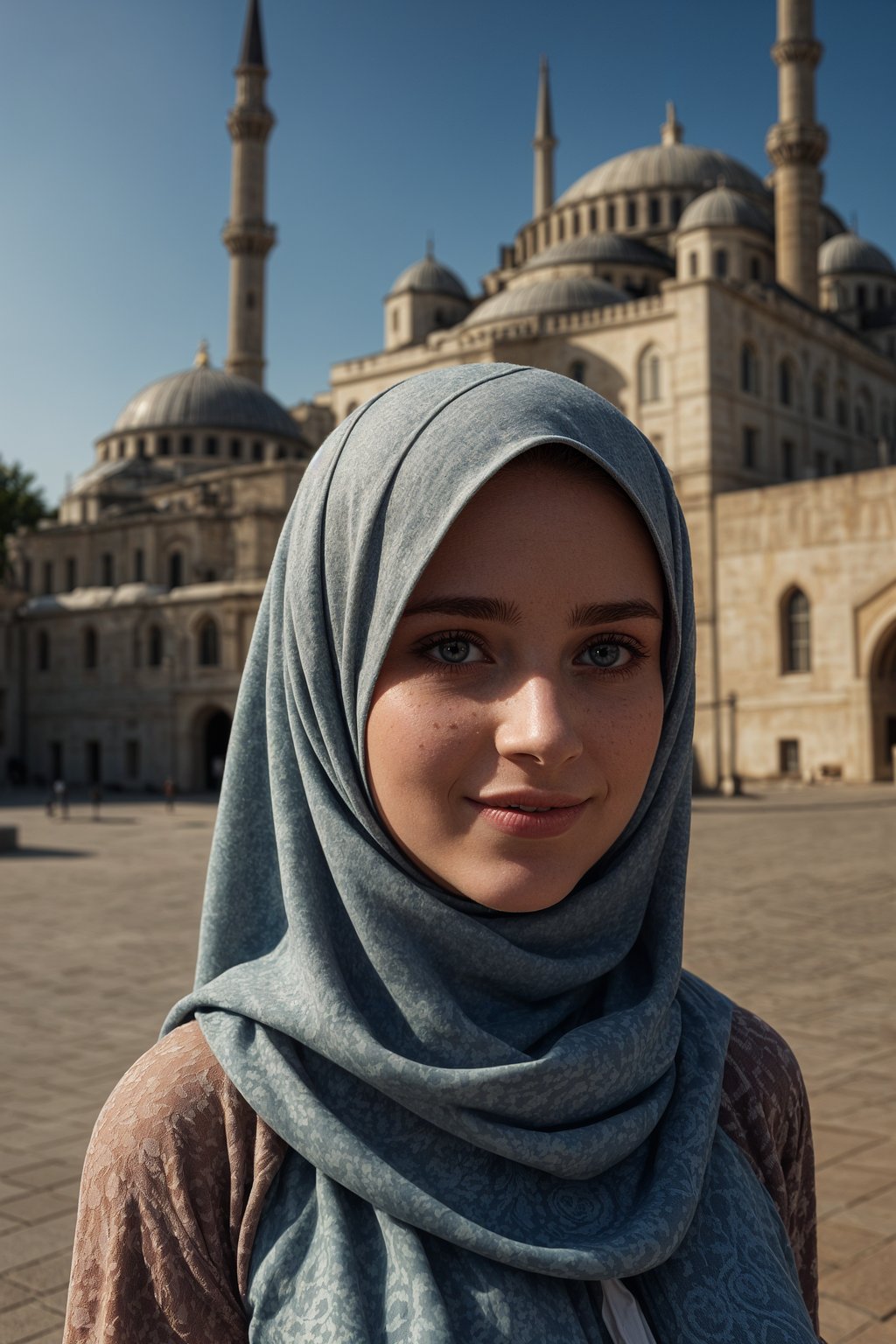 smiling woman as digital nomad in Istanbul with The Mosque in background