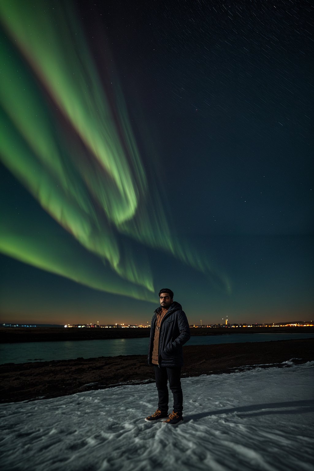 smiling man as digital nomad in Reykjavik with the Northern Lights in the background