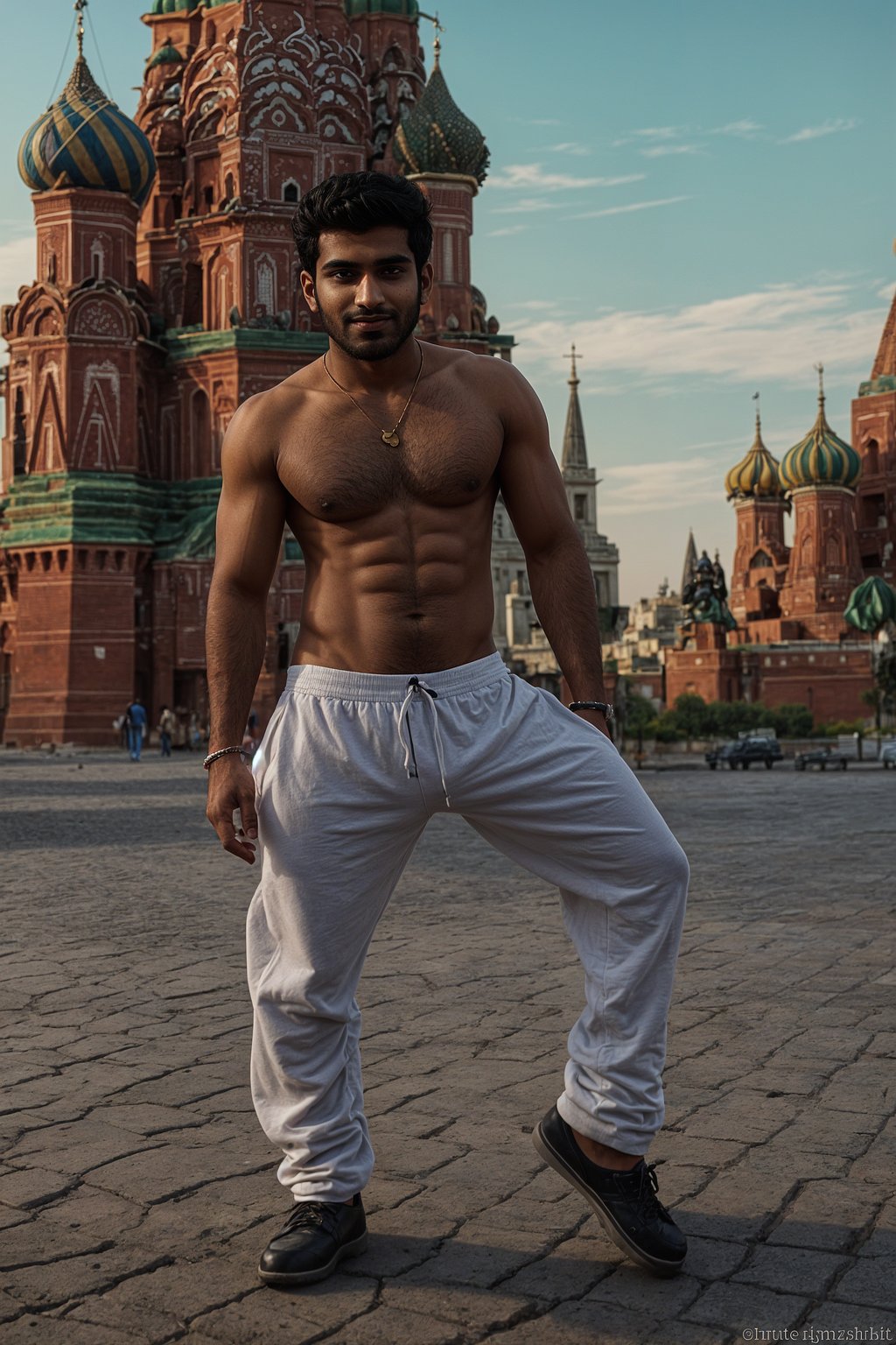 smiling man as digital nomad in Moscow with the Kremlin in the background