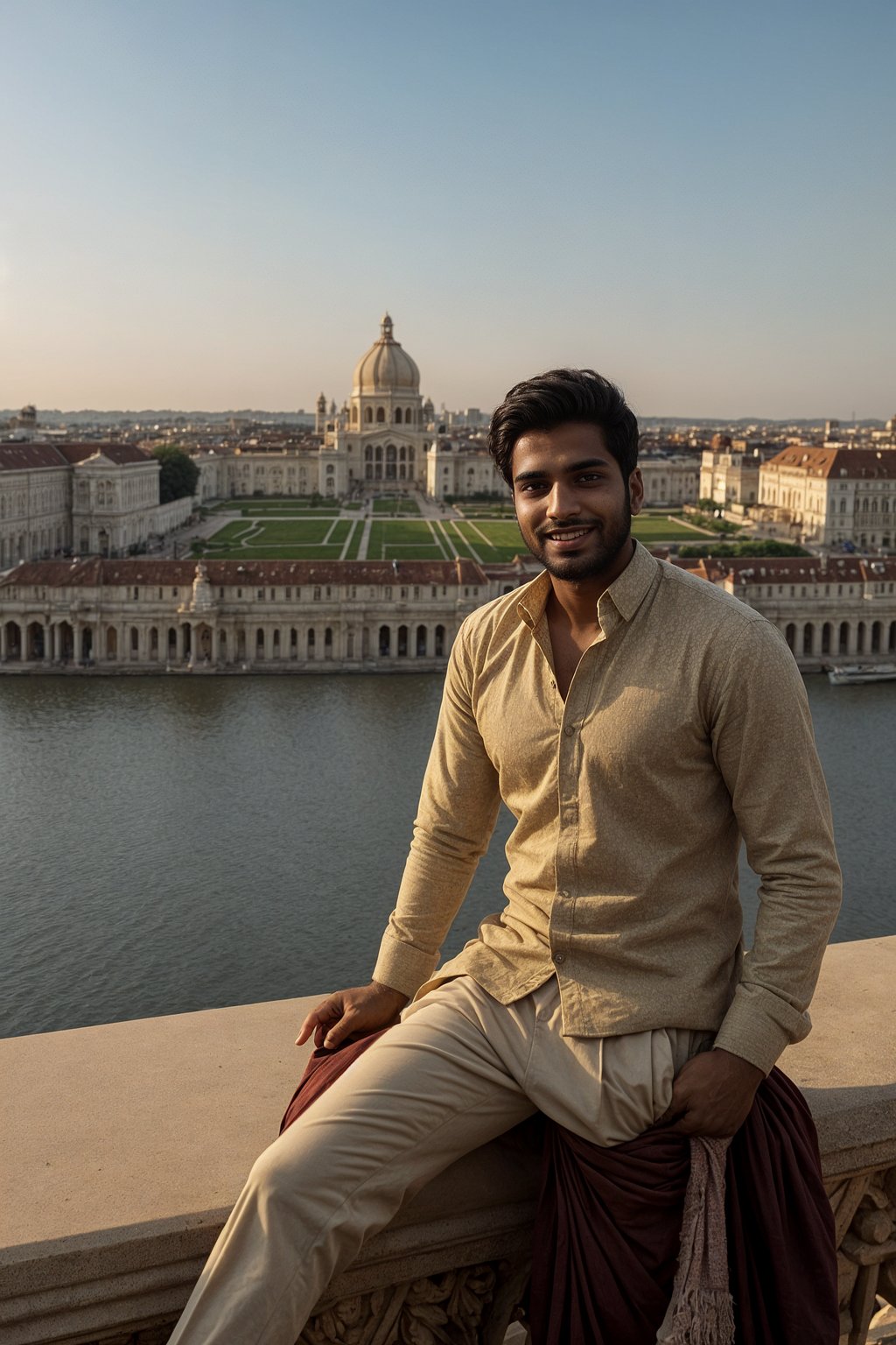 smiling man as digital nomad in Vienna with the Schönbrunn Palace in the background