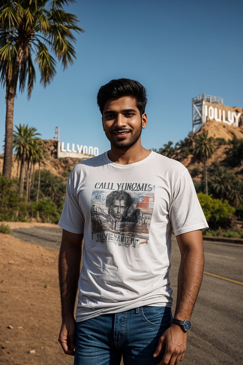 smiling man as digital nomad in Los Angeles with the Hollywood sign in the background