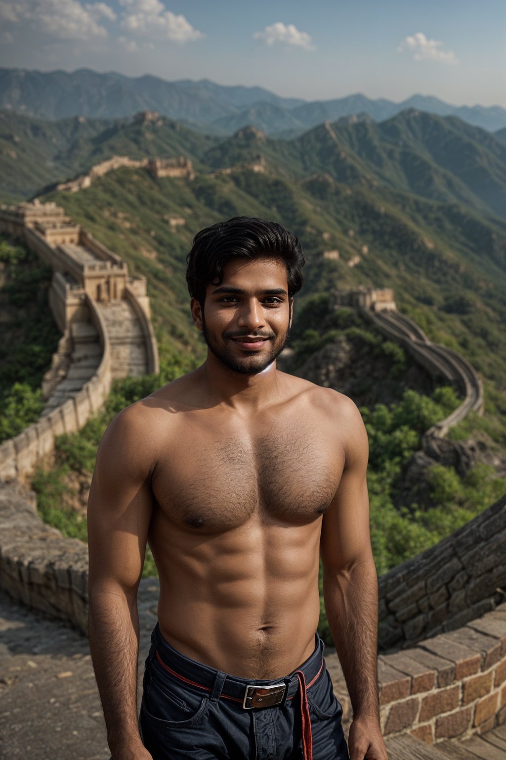 smiling man as digital nomad in Beijing with the Great Wall in the background