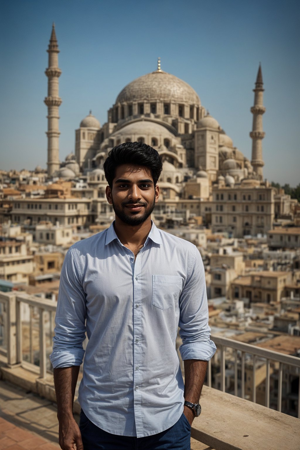 smiling man as digital nomad in Istanbul with The Mosque in background