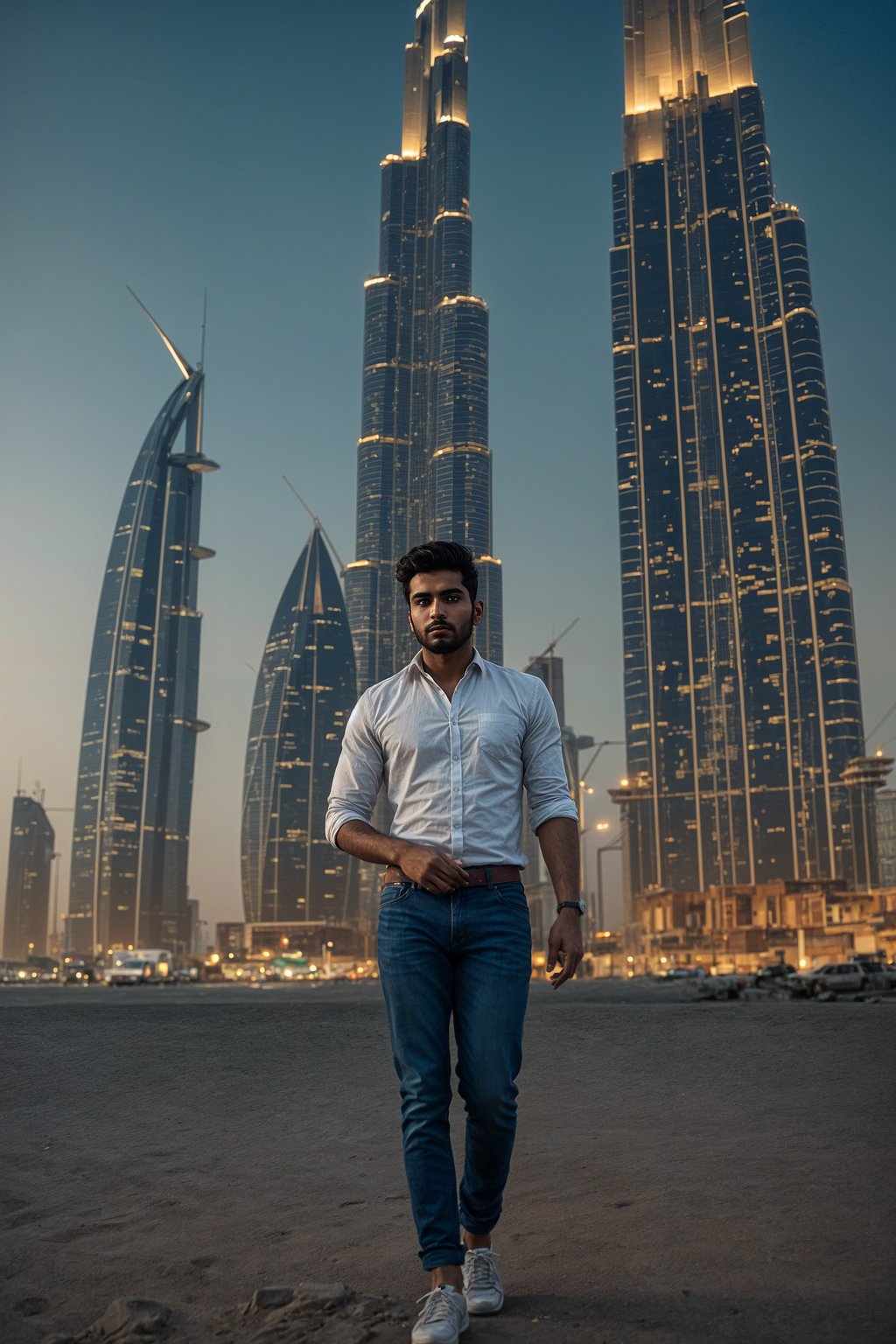 smiling man as digital nomad in Dubai with skyline in background