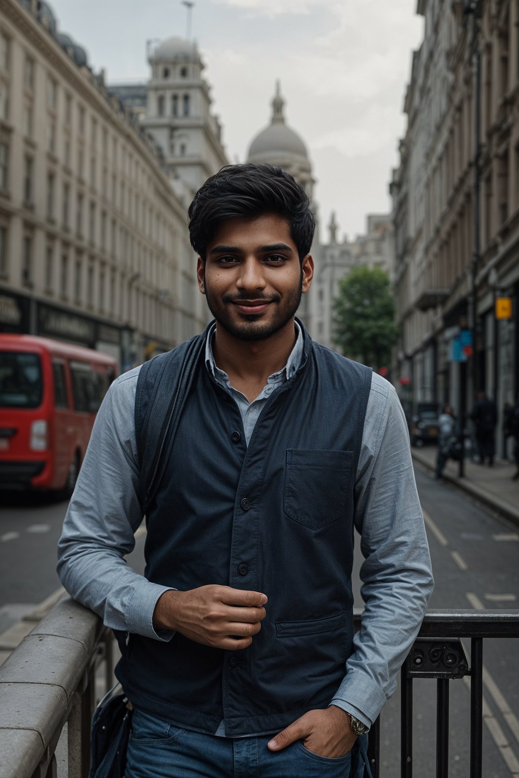 smiling man as digital nomad in London in Soho background