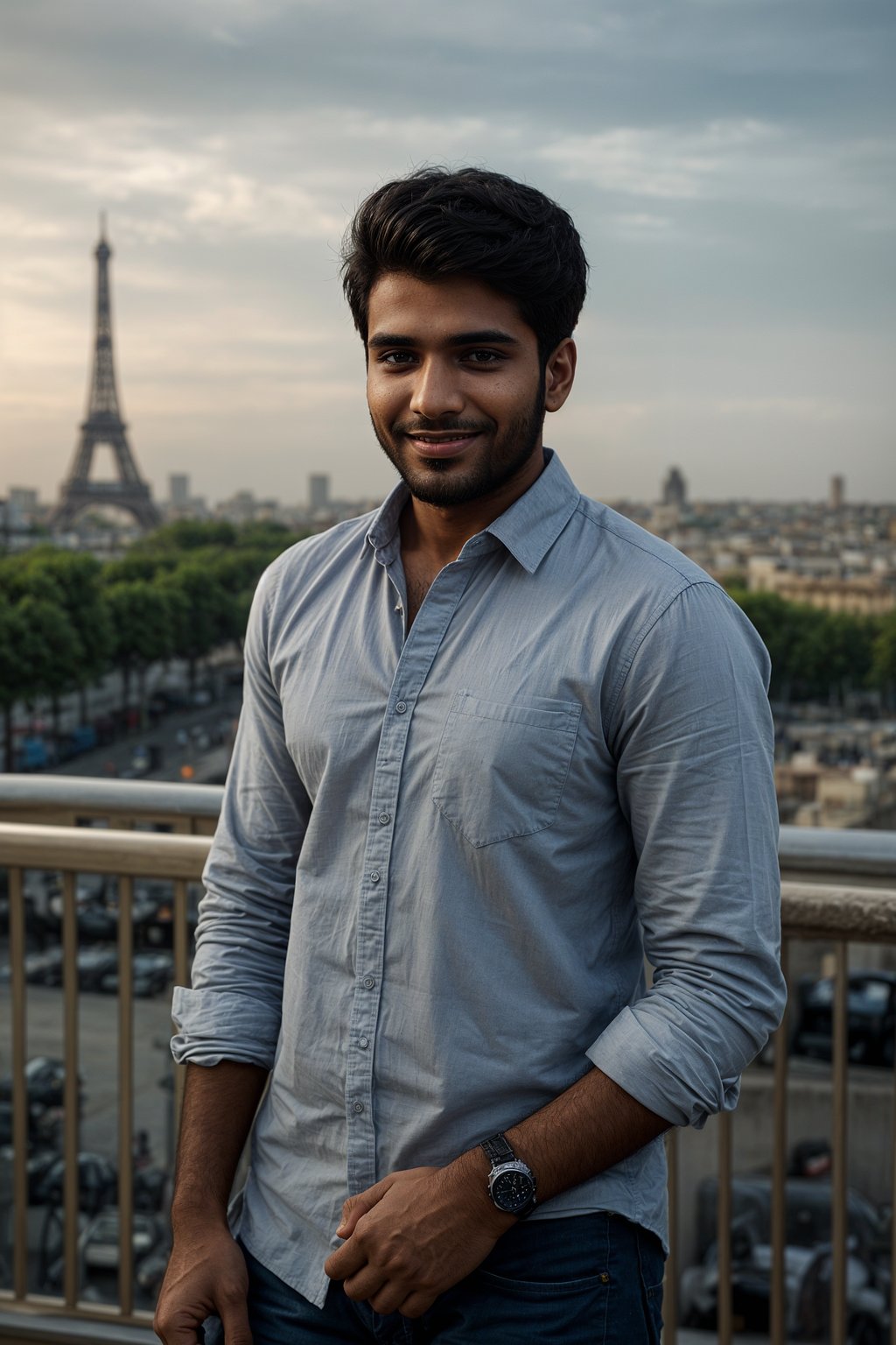 smiling man as digital nomad in Paris with the Eiffel Tower in background
