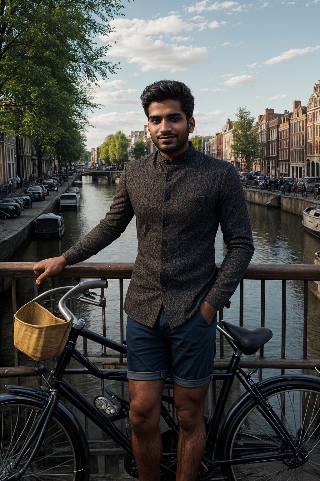 smiling man as digital nomad in Amsterdam with the Amsterdam Canals in background