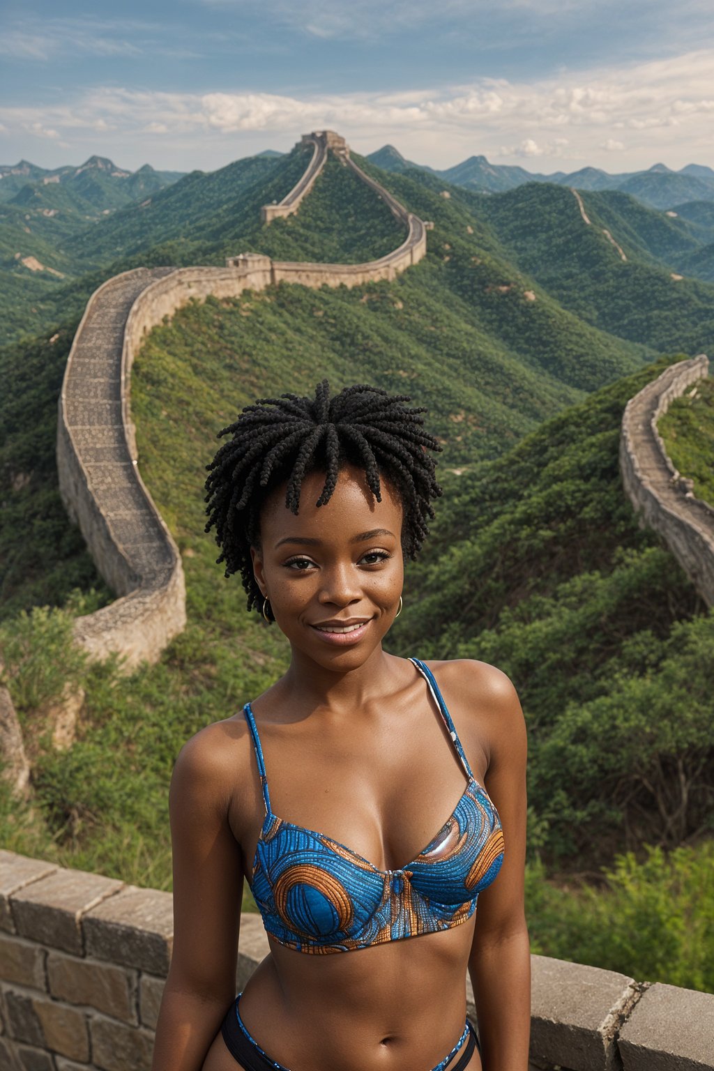 smiling woman as digital nomad in Beijing with the Great Wall in the background