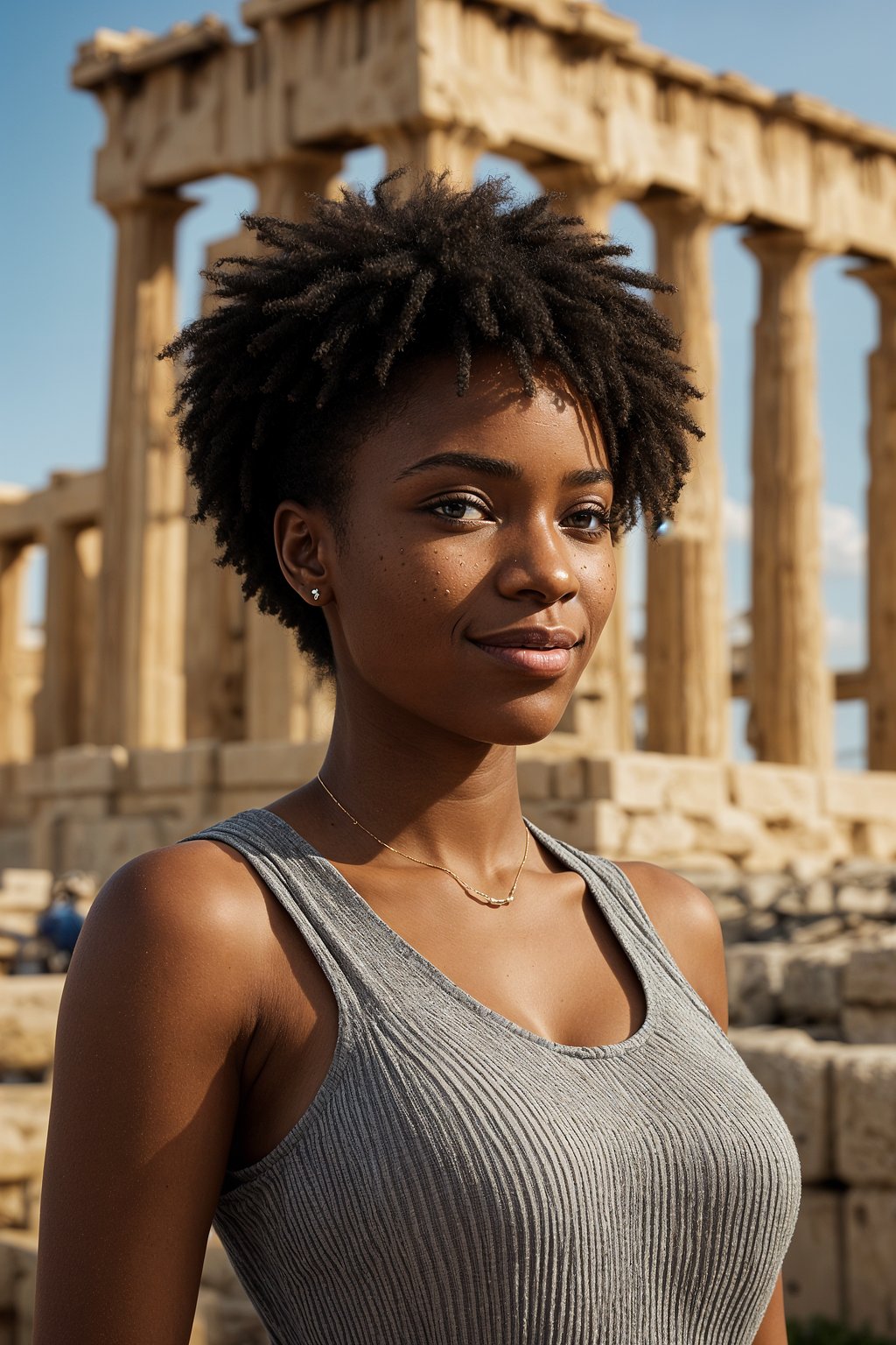 smiling woman as digital nomad in Athens with the Acropolis in the background