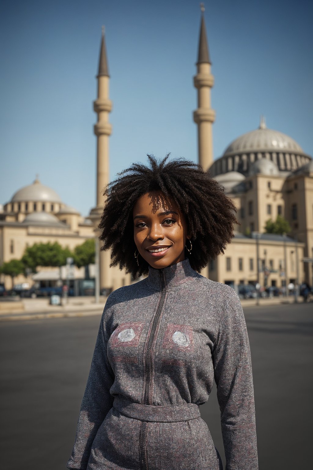 smiling woman as digital nomad in Istanbul with The Mosque in background