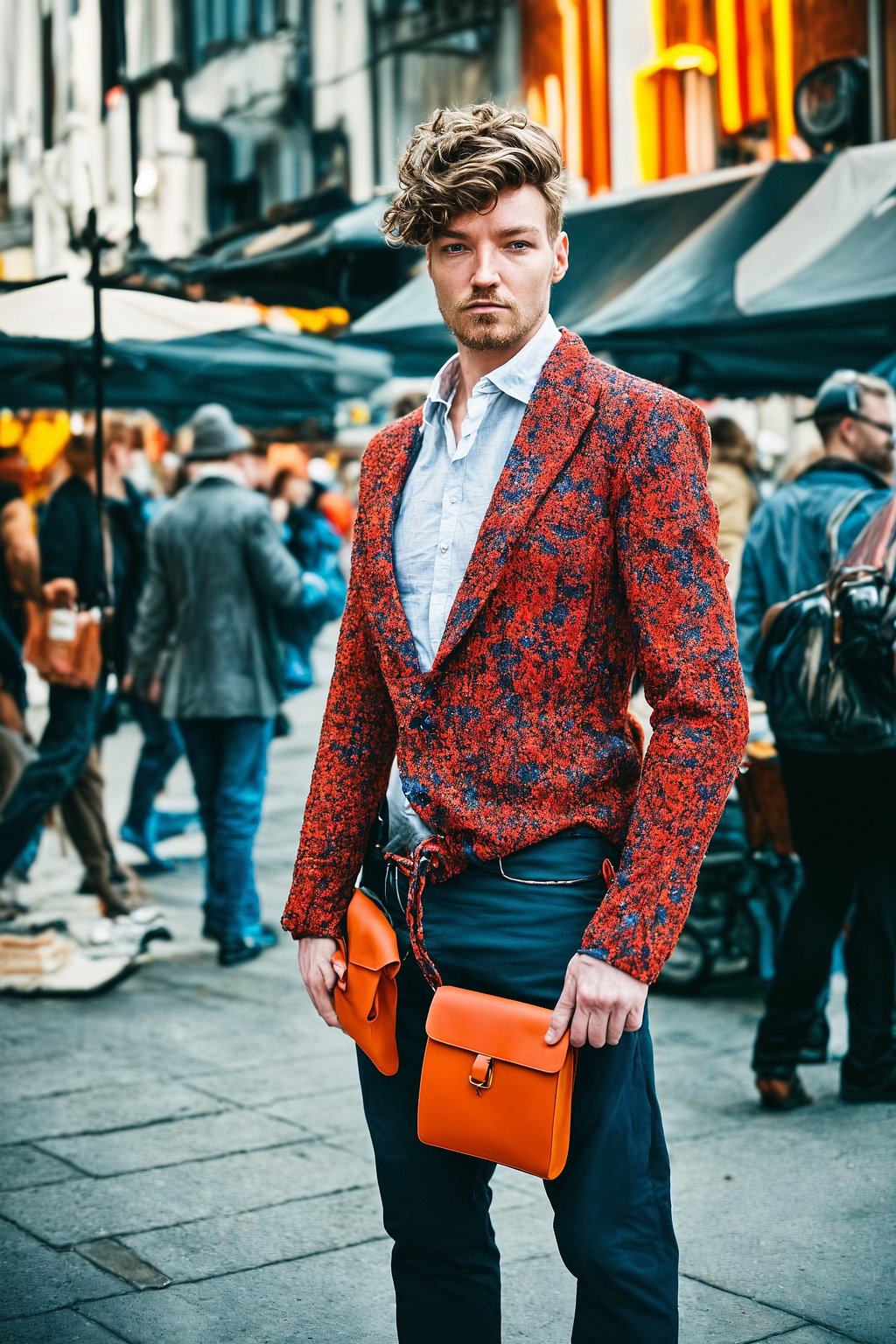 a stylish ifgender=m{masculine} ifgender=f{feminine} man exploring a vibrant market, interacting with vendors and discovering unique treasures.