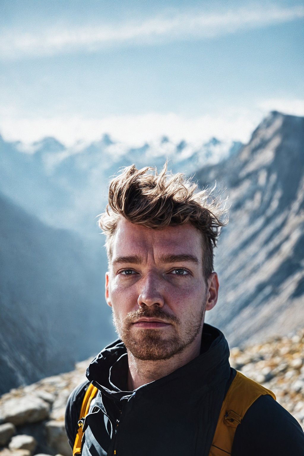 an adventurous ifgender=m{masculine} ifgender=f{feminine} man hiking in the mountains, enjoying the beauty of nature and the sense of adventure