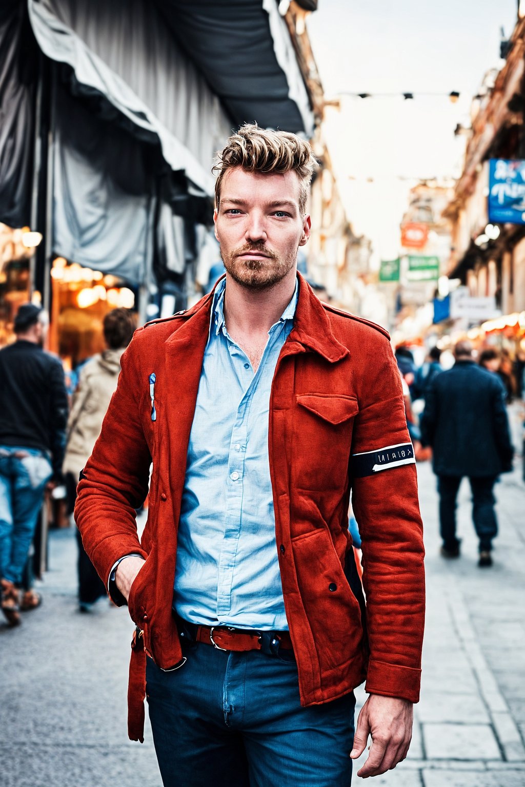 a charismatic masculine  man exploring a vibrant street market, capturing the essence of a cultural experience