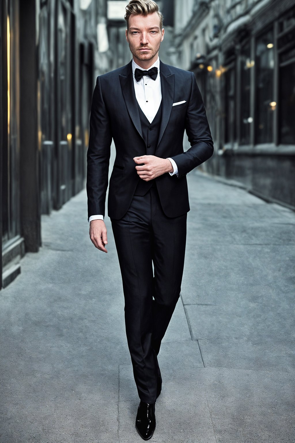 an alluring masculine  man dressed in elegant evening wear, ready for a night out on the town