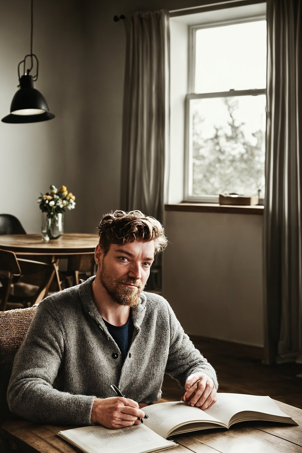 smiling masculine  man reading a book in a cozy home environment