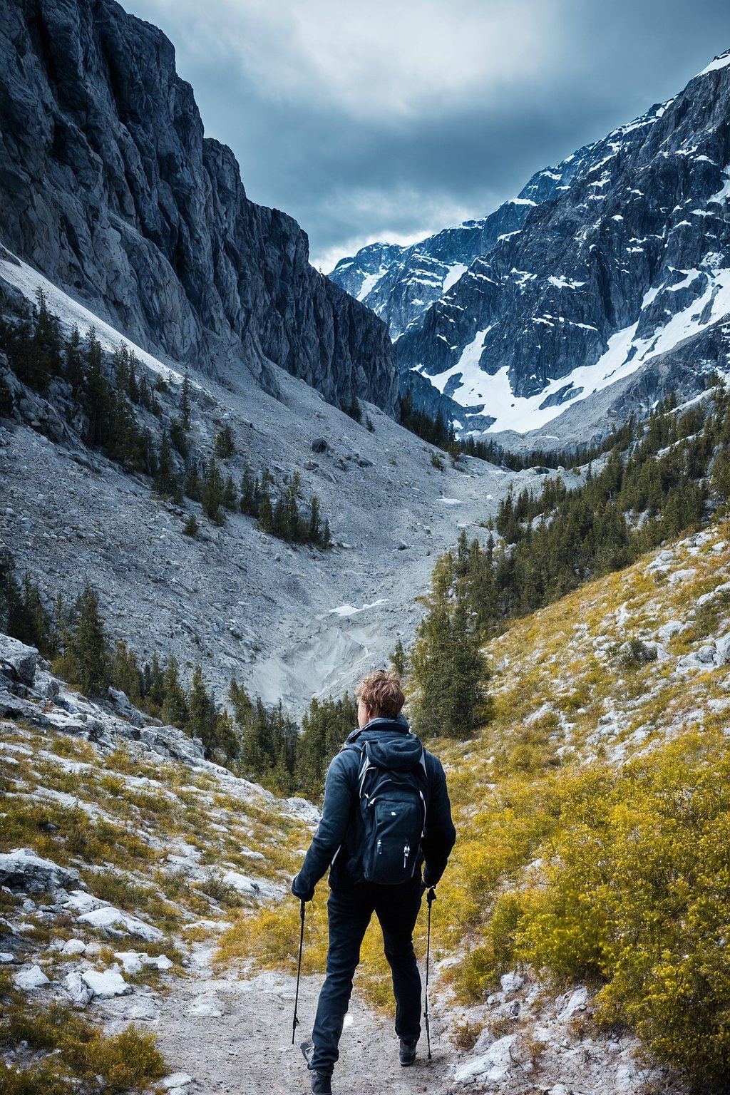 an adventurous masculine  man hiking in the mountains