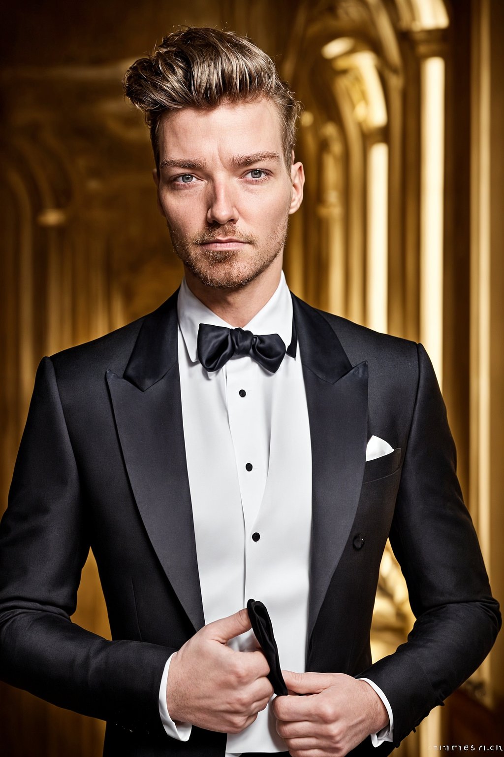 an alluring masculine  man dressed in elegant evening wear