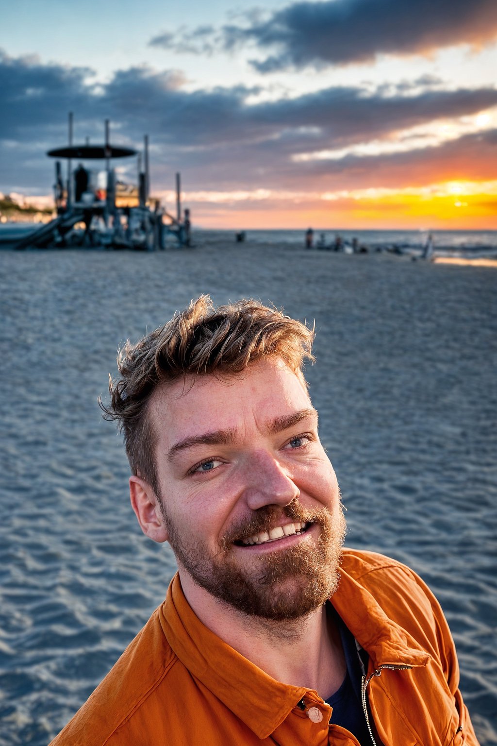 smiling masculine  man enjoying a sunset at a beach or park