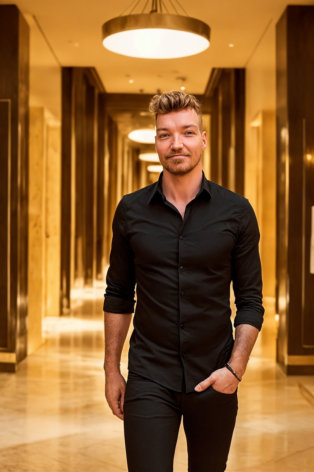 man wearing black shirt and jeans in luxury hotel lobby