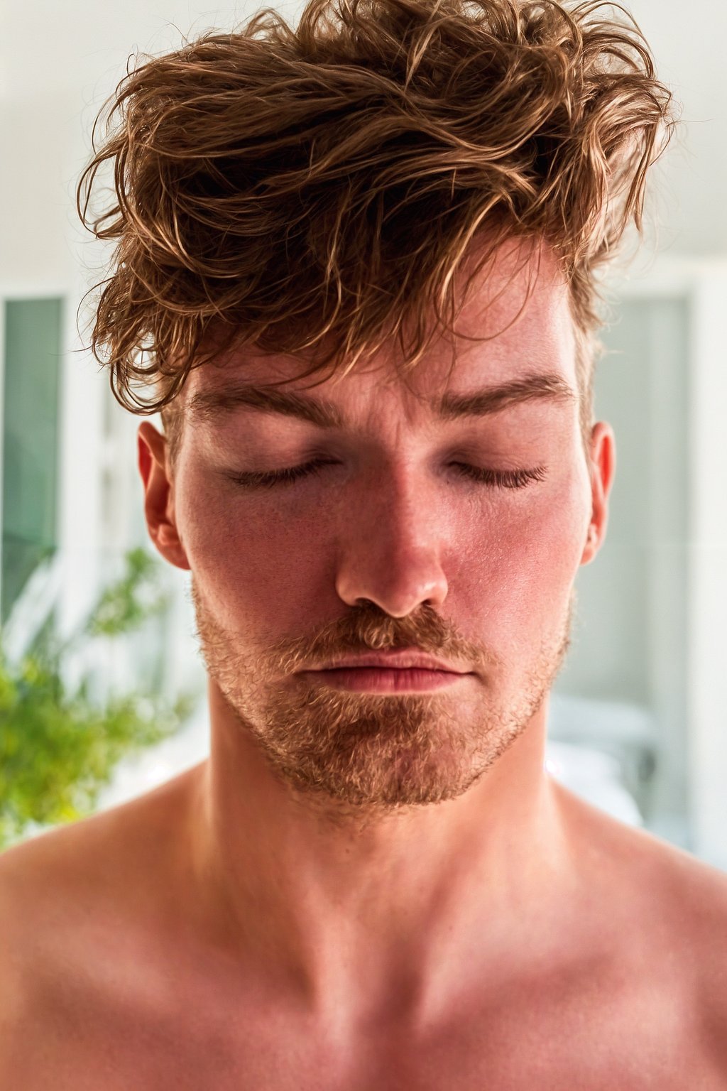 a medium portrait of an insanely beautiful young ((((((man))))) as Instagram influencer wearing ((black silk shirt)) in luxury villa livin