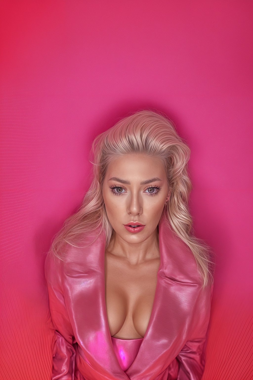 full body shot of sexy woman dressed up in full hot pink with Barbie clothes platinum blonde hair, hot pink style