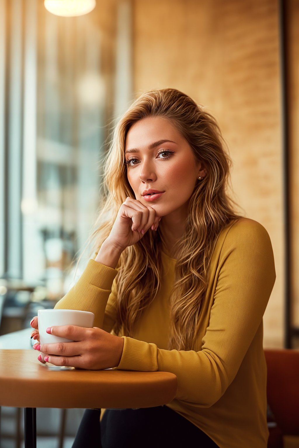 woman in a trendy café, holding a freshly brewed cup of coffee