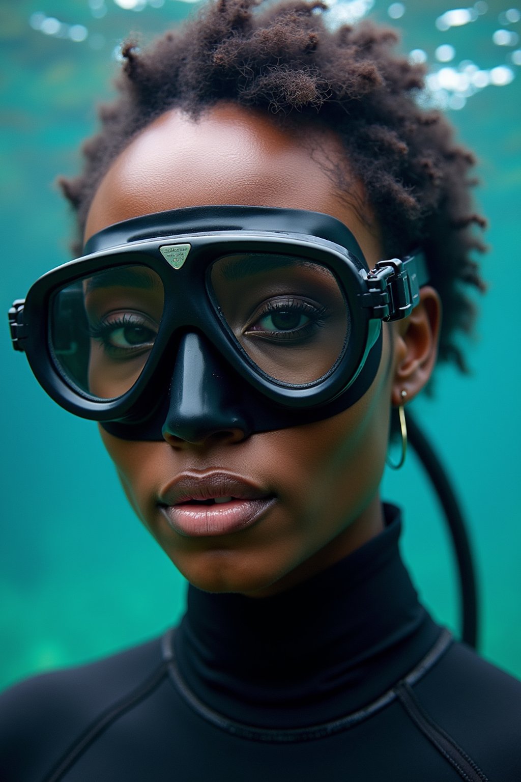 woman as a scuba diver wearing diving goggles and wearing a wetsuit