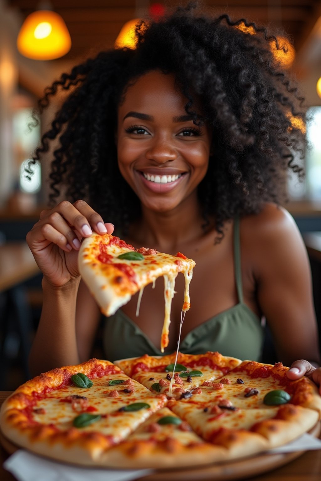 woman sitting in a restaurant eating a large pizza