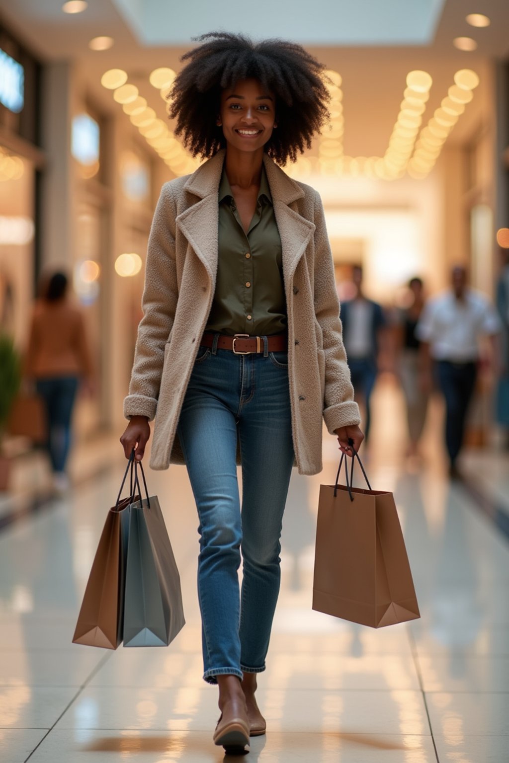 woman walking in a shopping mall, holding shopping bags. shops in background