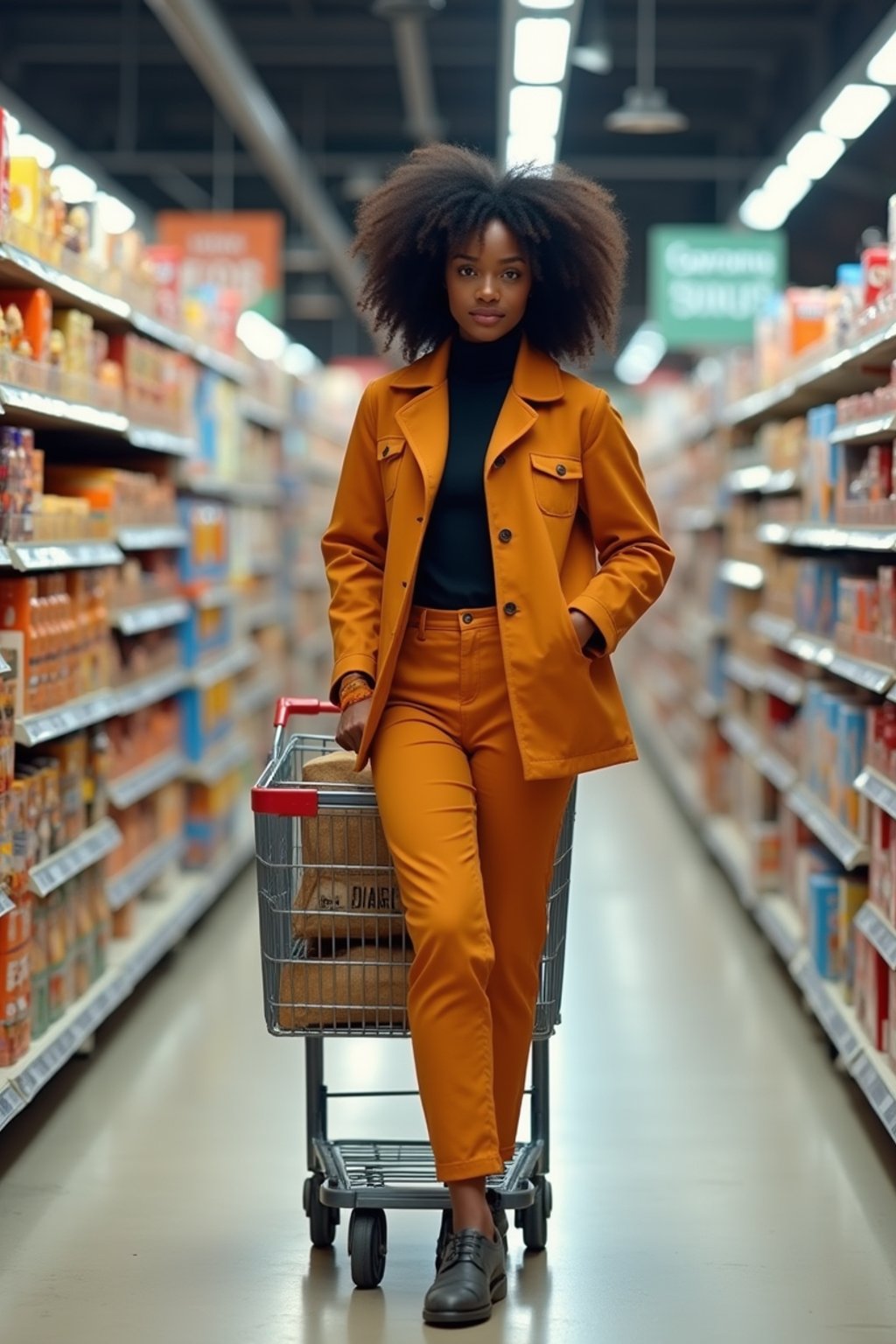 woman in Supermarket walking with Shopping Cart in the Supermarket Aisle. Background of Supermarket