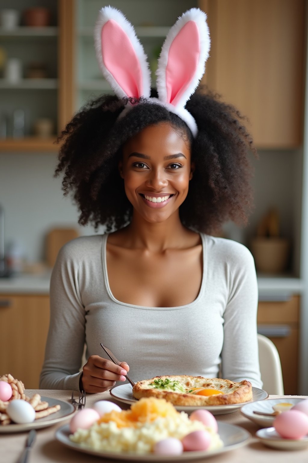 woman dressed up for Easter with Easter Bunny Ears at the Easter Breakfast. Easter Eggs. Easter Bunny