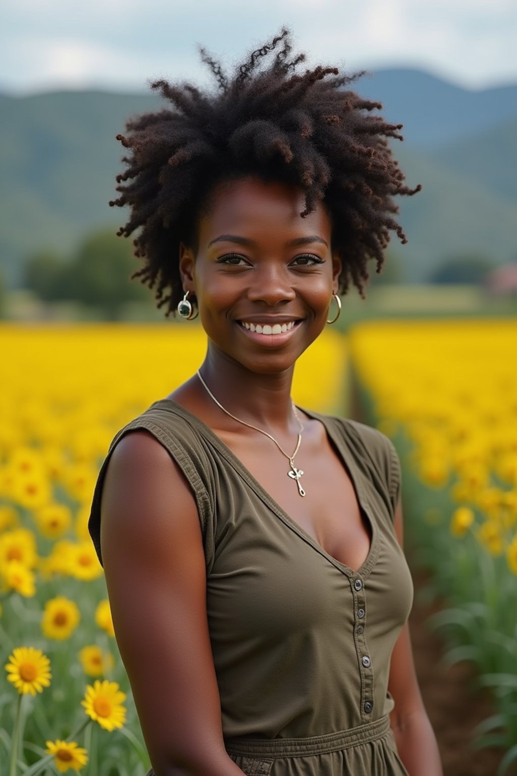 woman farmer with farm in background