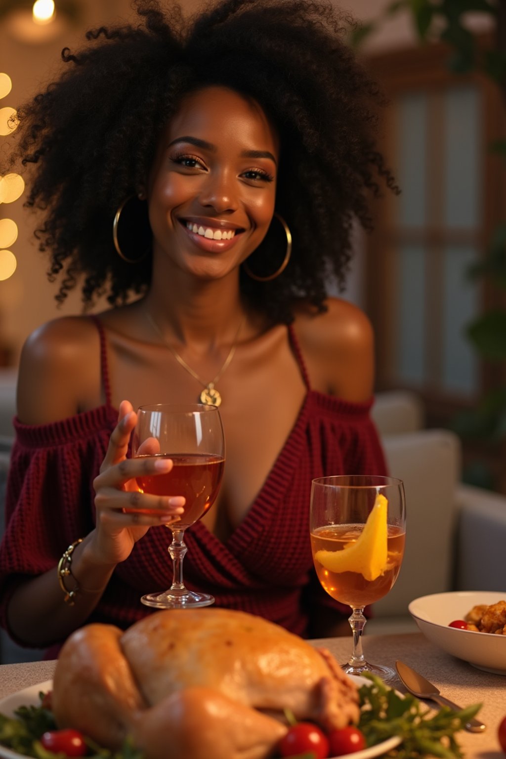 woman celebrating Thanksgiving with cocktail and turkey meat in background