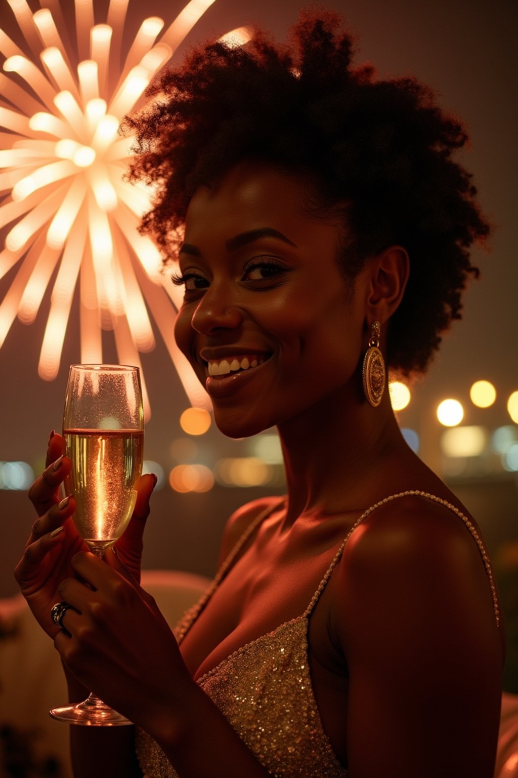 woman celebrating New Year's Eve with champagne and Fireworks in background