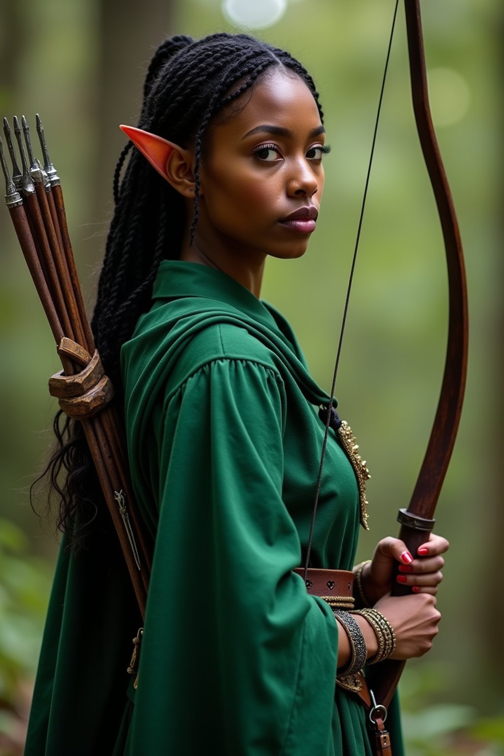 woman as a Medieval Elf Archer Warrior in Green Robe