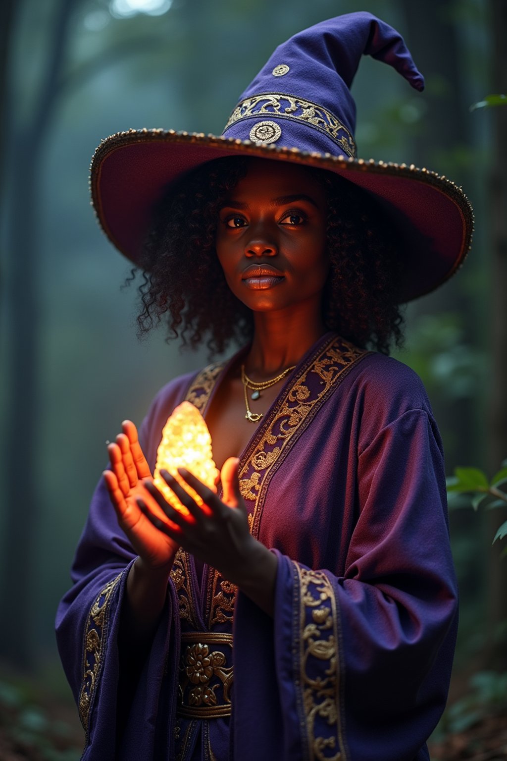 woman as a Wizard with a Wizard robe and big hat, crystal magic, dramatic light