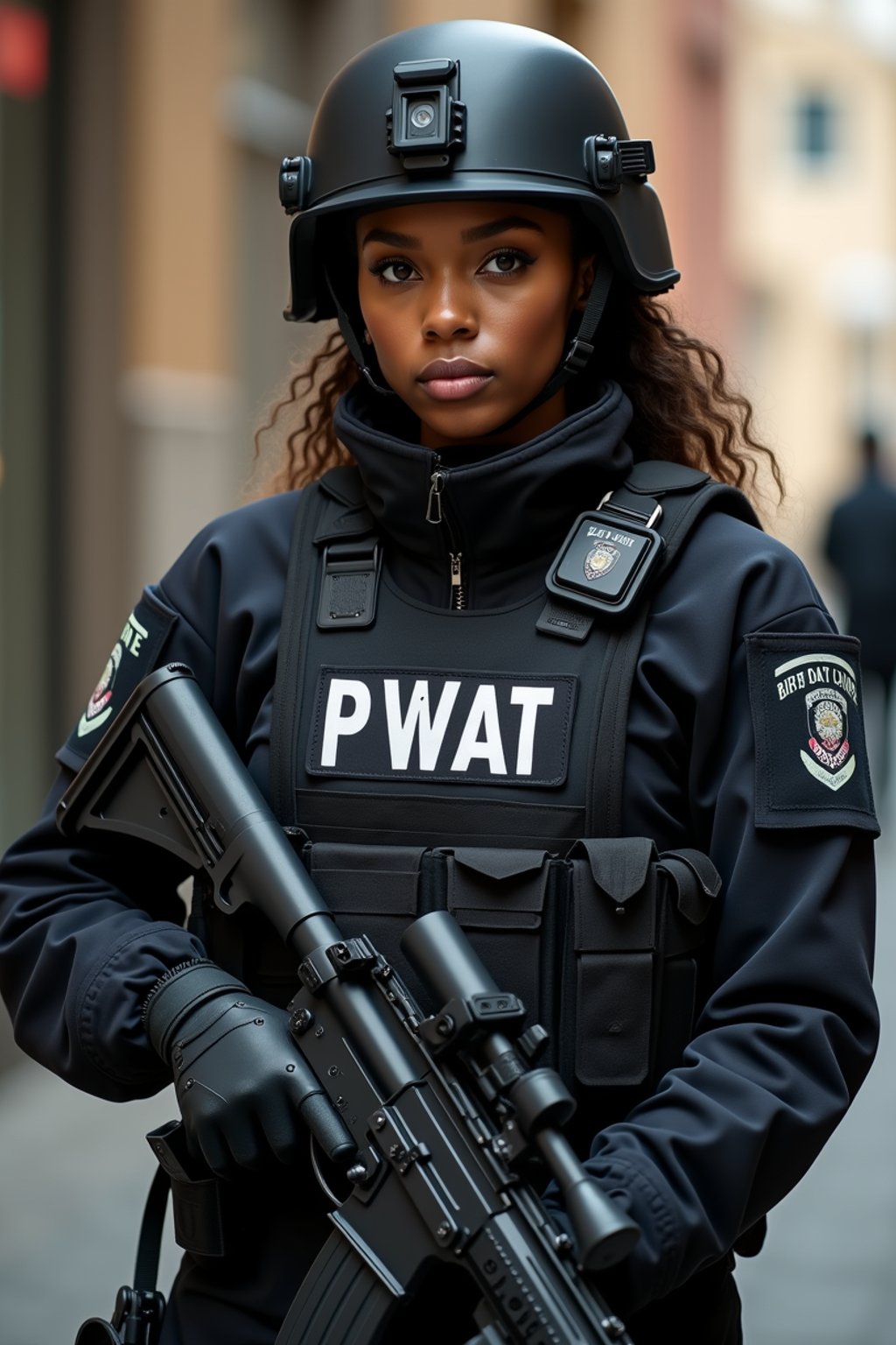 woman as a SWAT Officer. wearing black swat vest, swat helmet, holding pdw