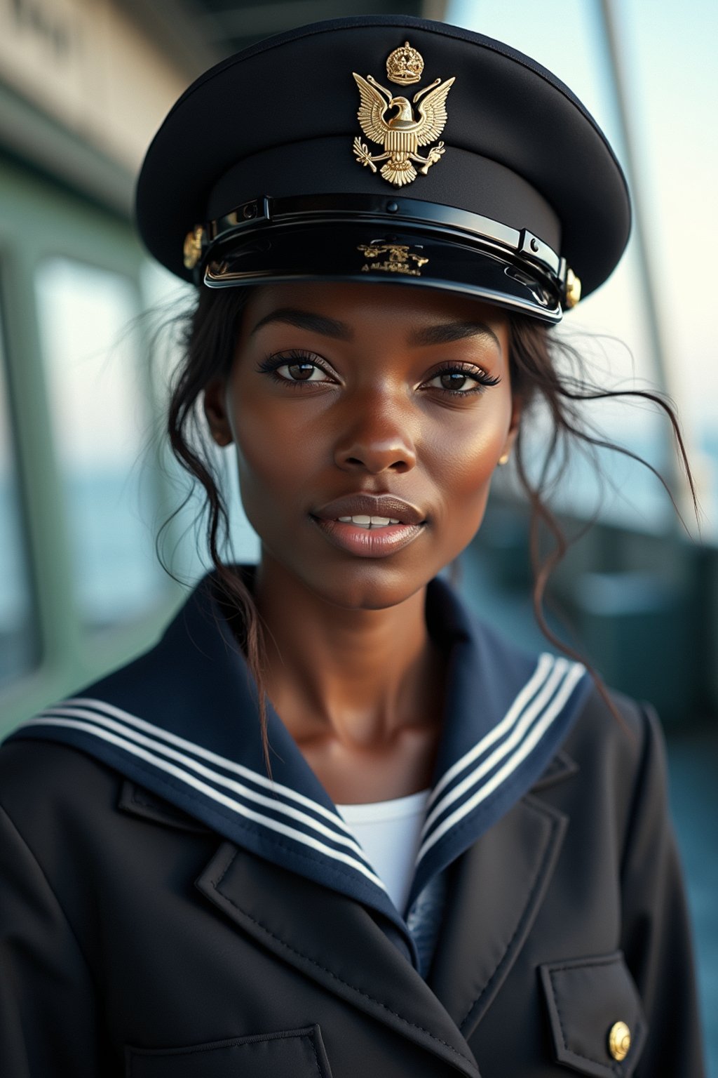 woman as a Navy Officer on a ship. highly detailed