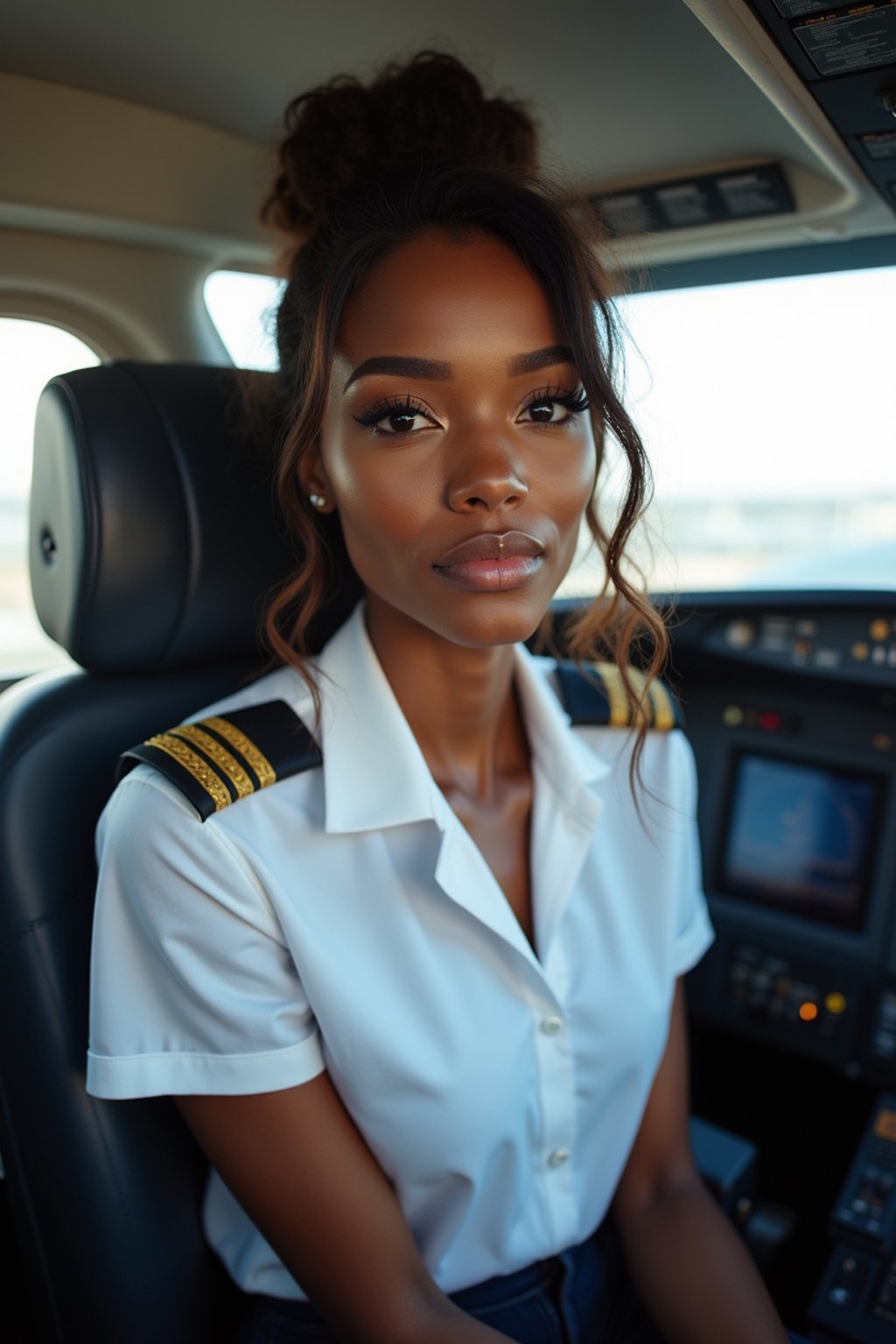 woman as a Airline Pilot inside the Cockpit with white shirt Pilot Uniform