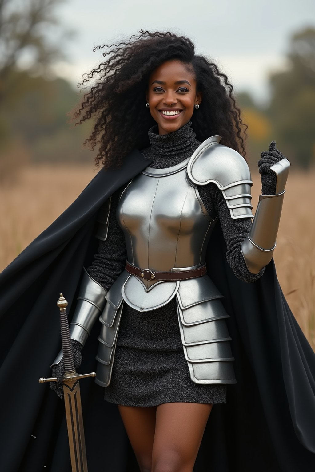 happy woman as a Medieval Knight in silver armor, wearing a black elegant cape flowing in the wind, the knight holds a sword in one hand