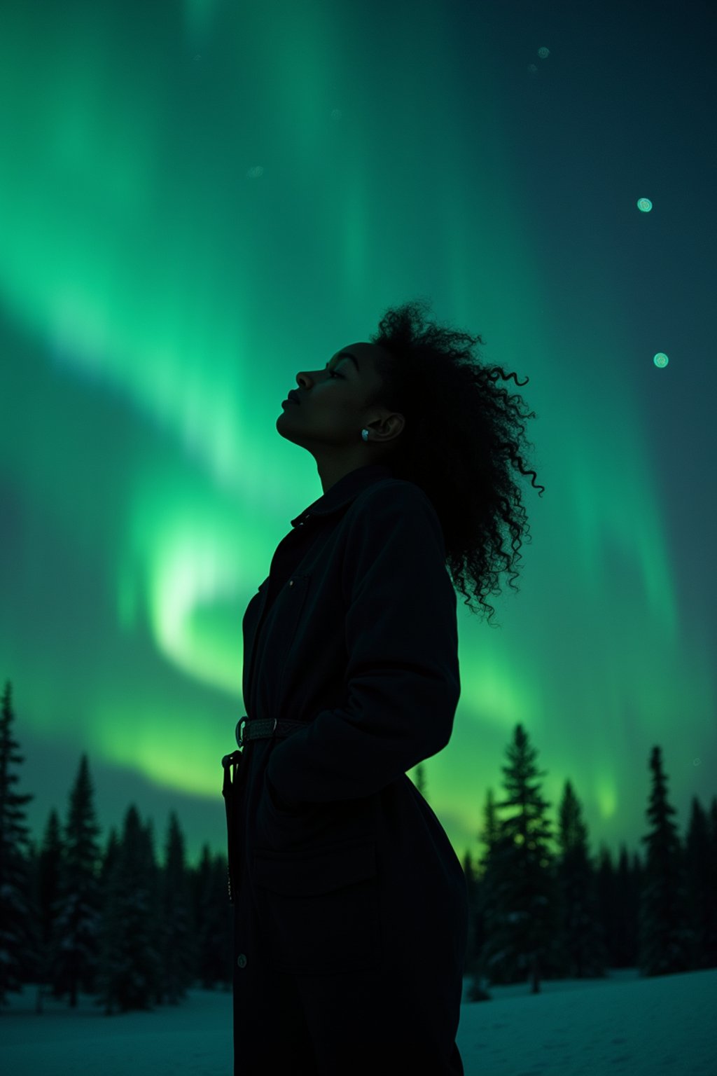 woman at night at the Northern Lights Aurora Borealis