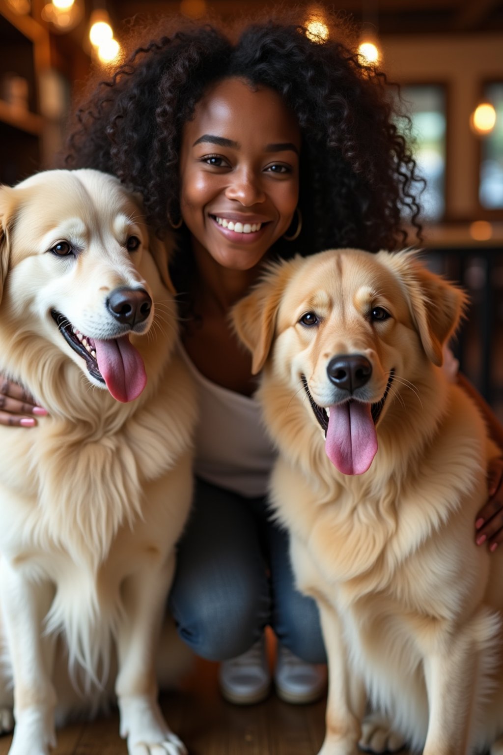 woman in a Dog Cafe with many cute Samoyed and Golden Retriever dogs