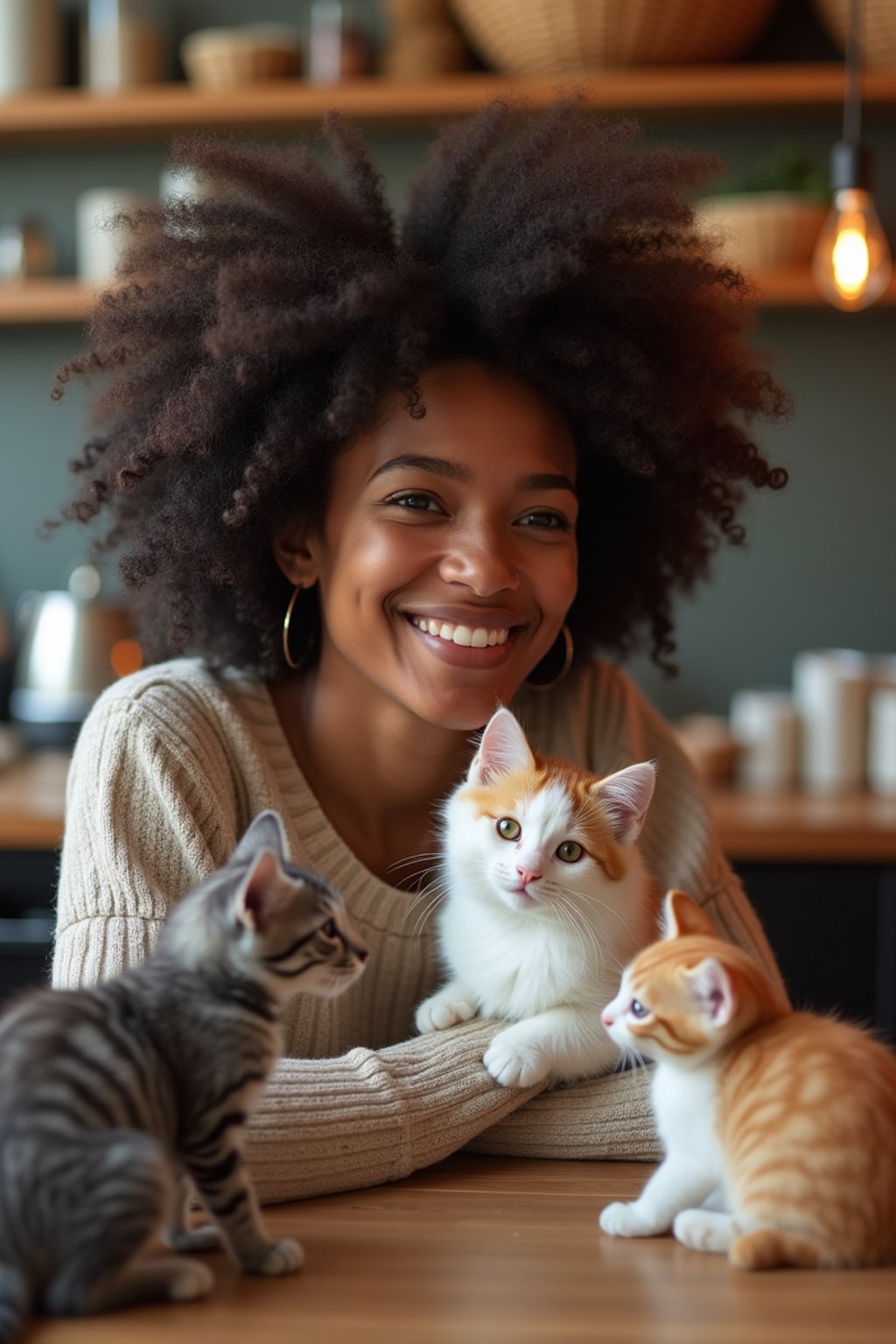 woman in a Cat Cafe with many cute Cats and Kittens around them