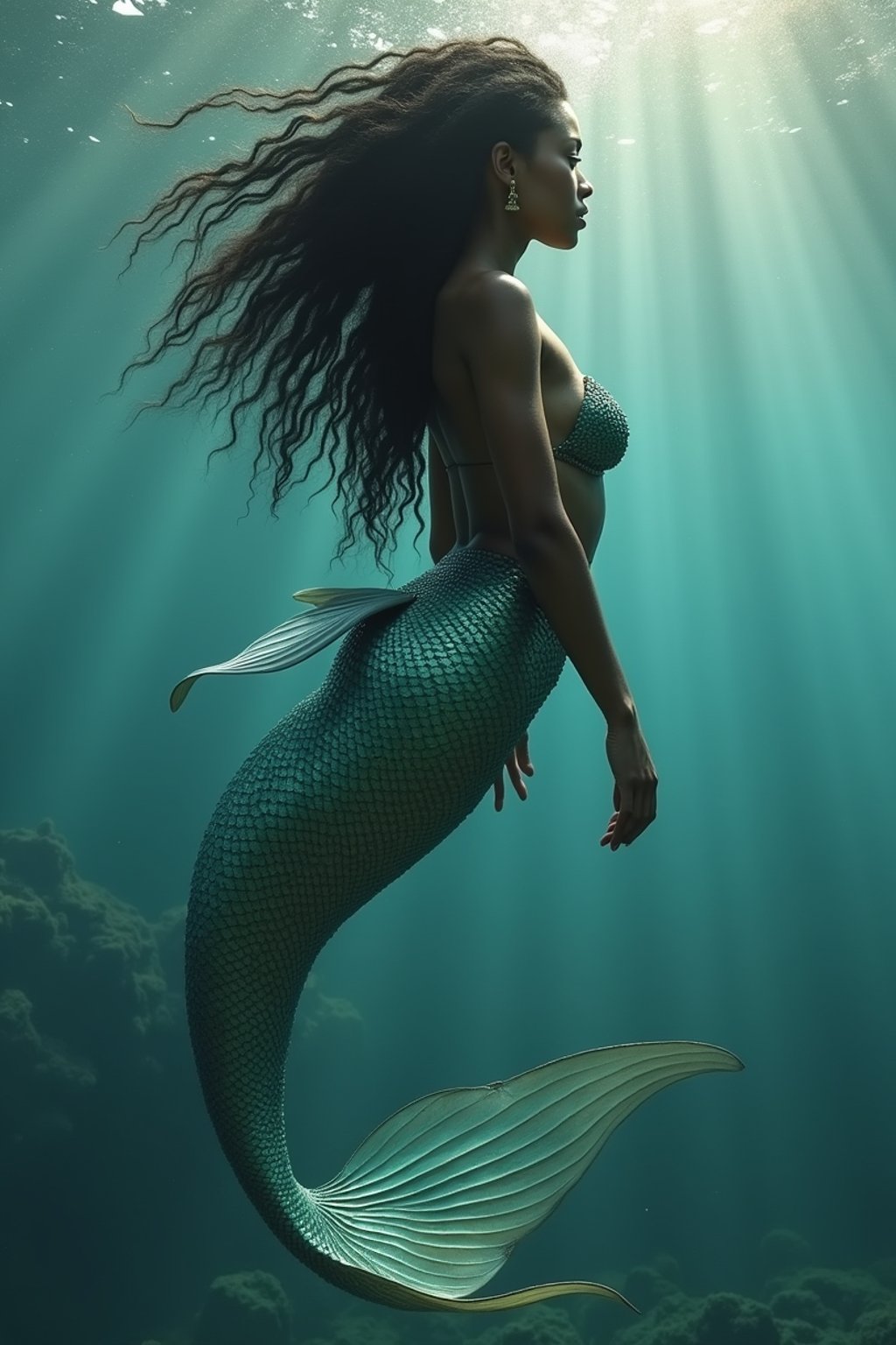 woman as a Mermaid the head and upper body of a human and the tail of a fish