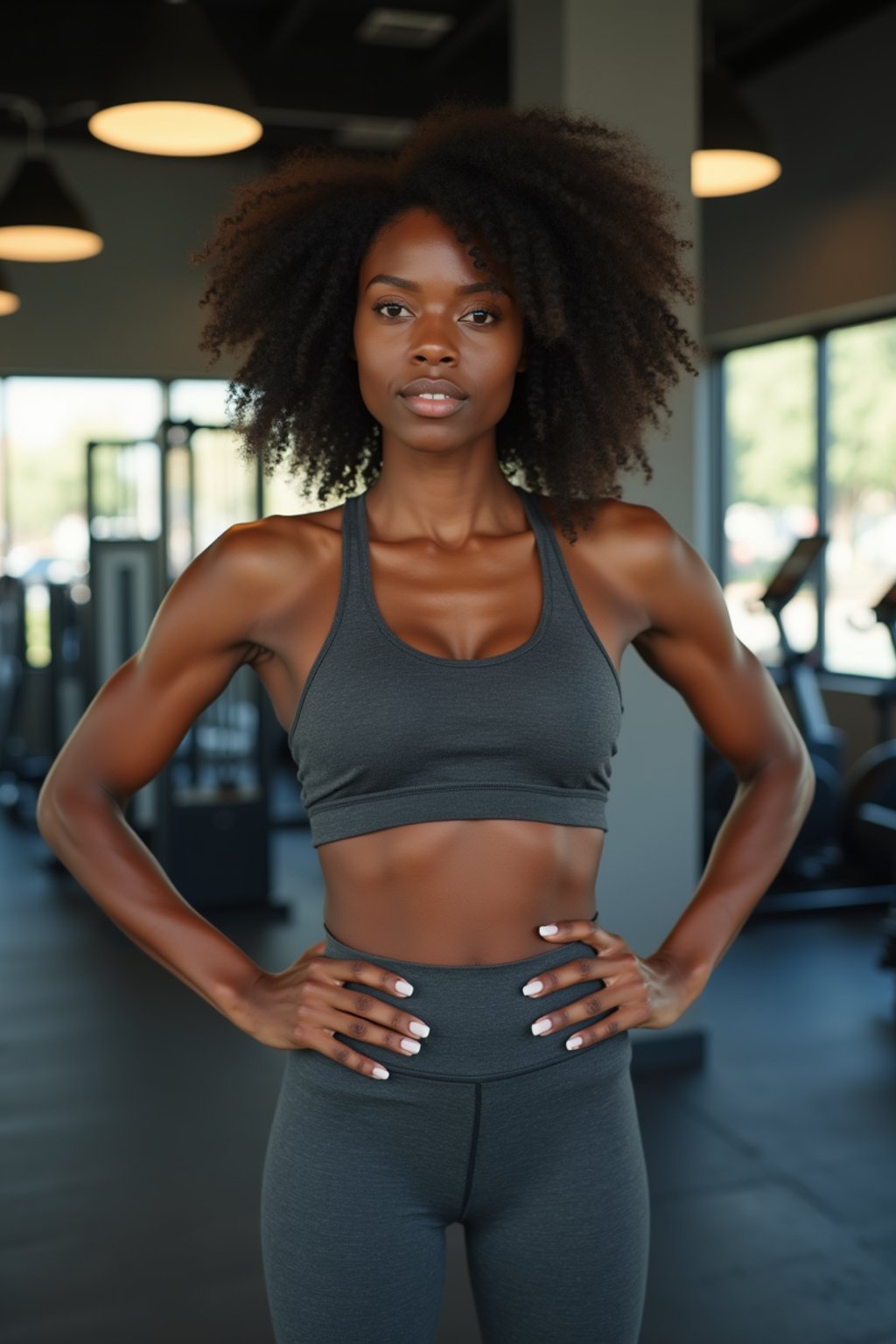 woman in  dark gray yoga pants and sports top in the fitness gym working out