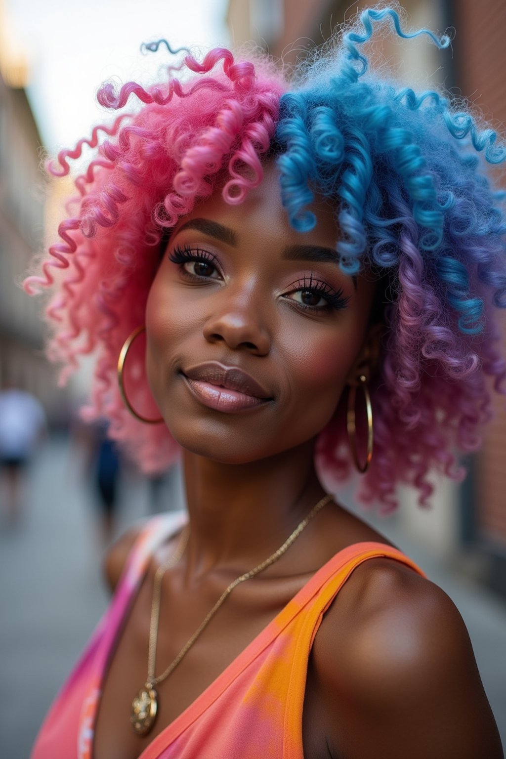 woman as a progressive LGBTQ activist with pink or blue hair